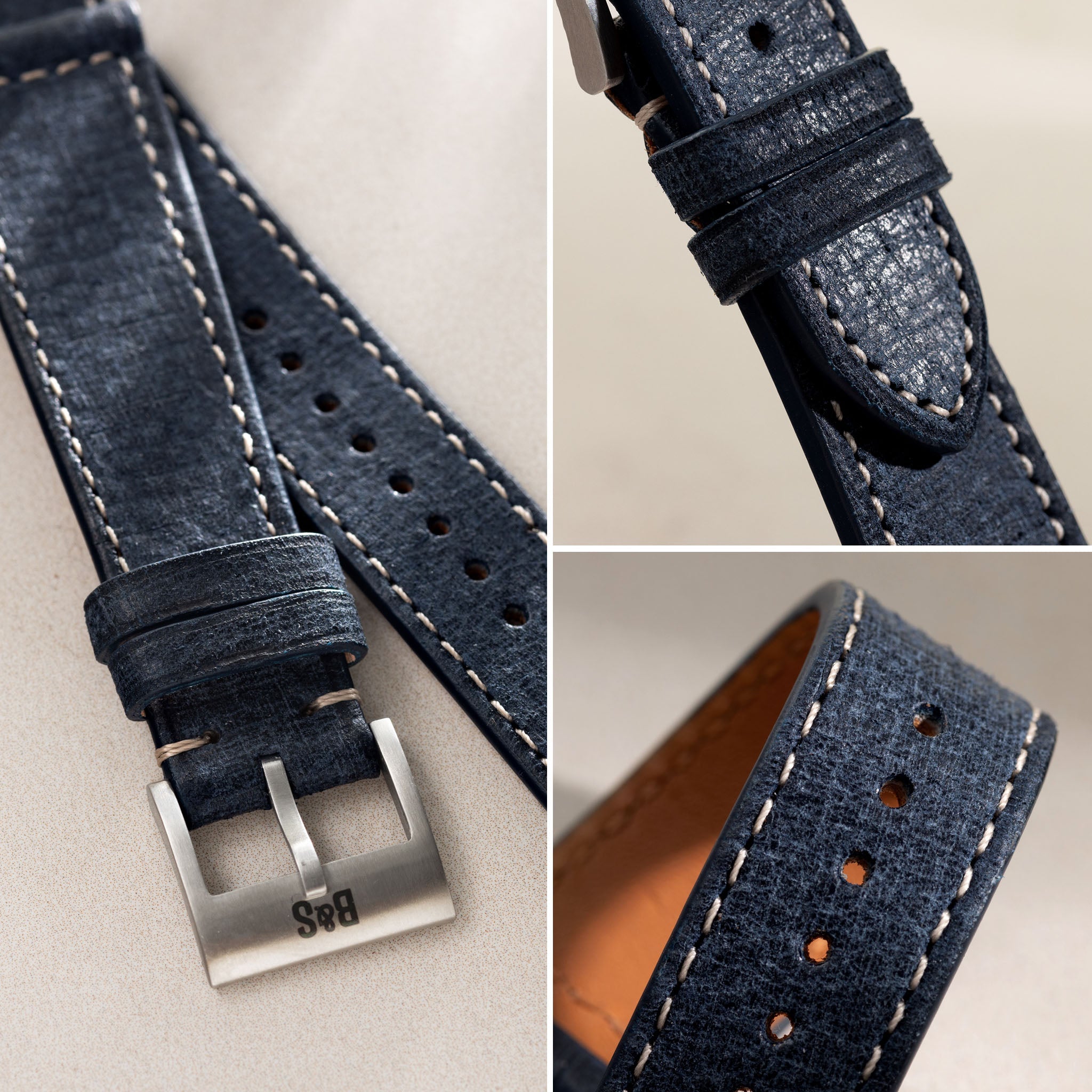 Linen Boxed Leather Watch Strap - Denim Blue