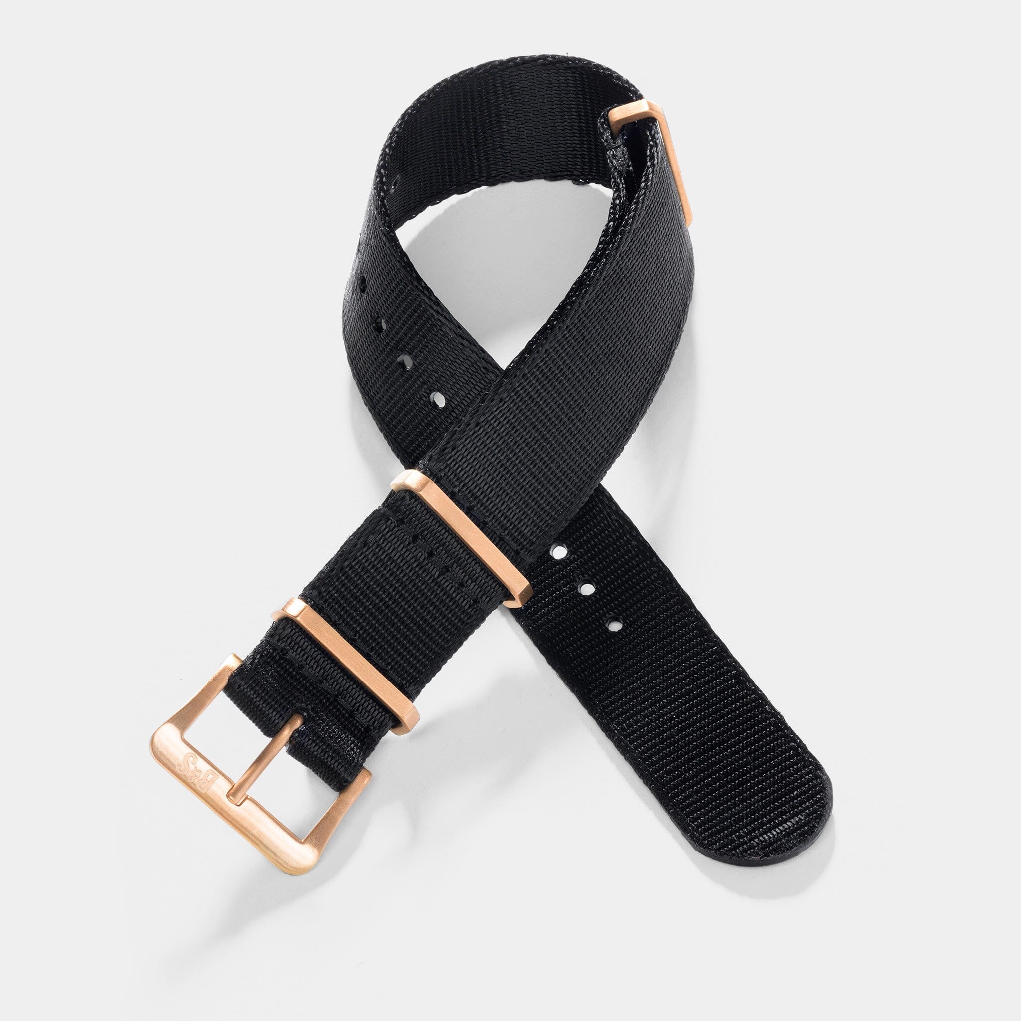 Deluxe Nylon Single Pass Watch Strap Pure Black - Rose Gold Brushed