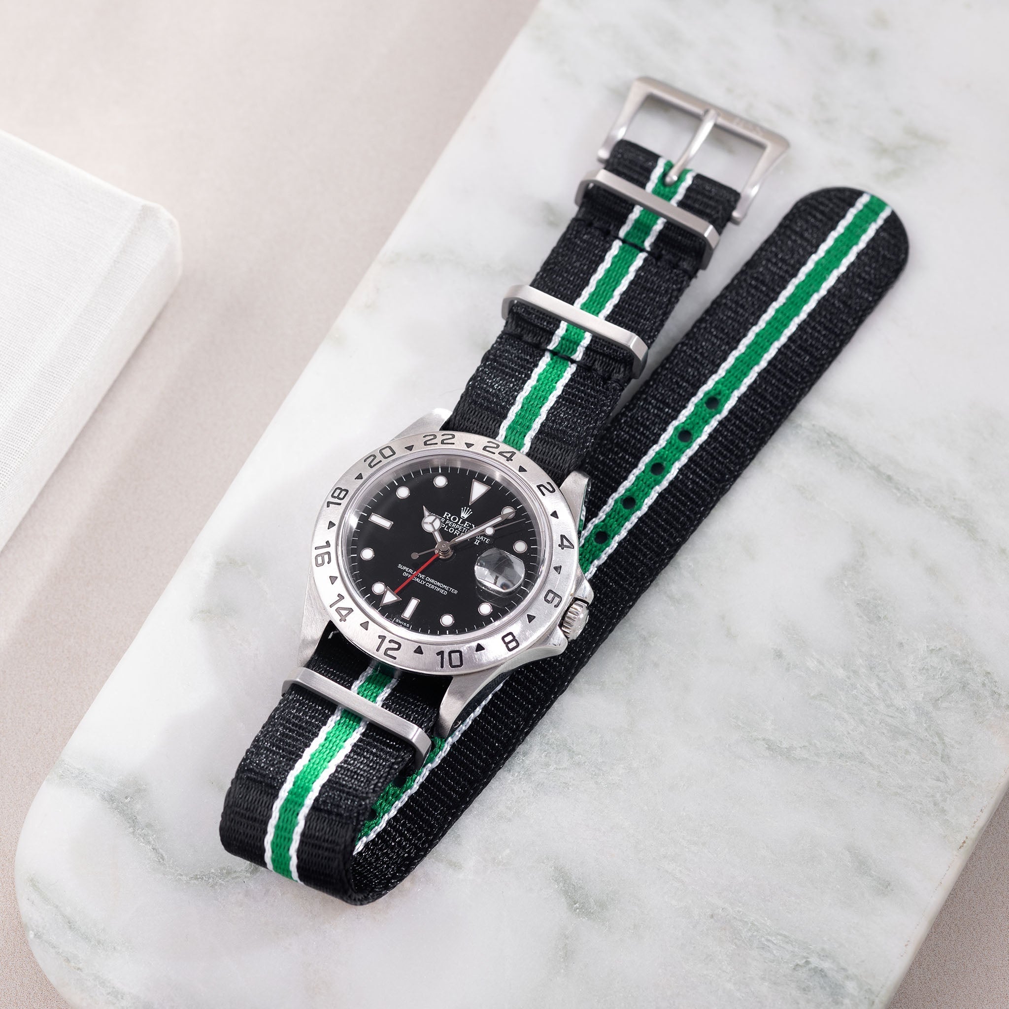 Deluxe Nylon Single Pass Watch Strap Black One Stripe Green