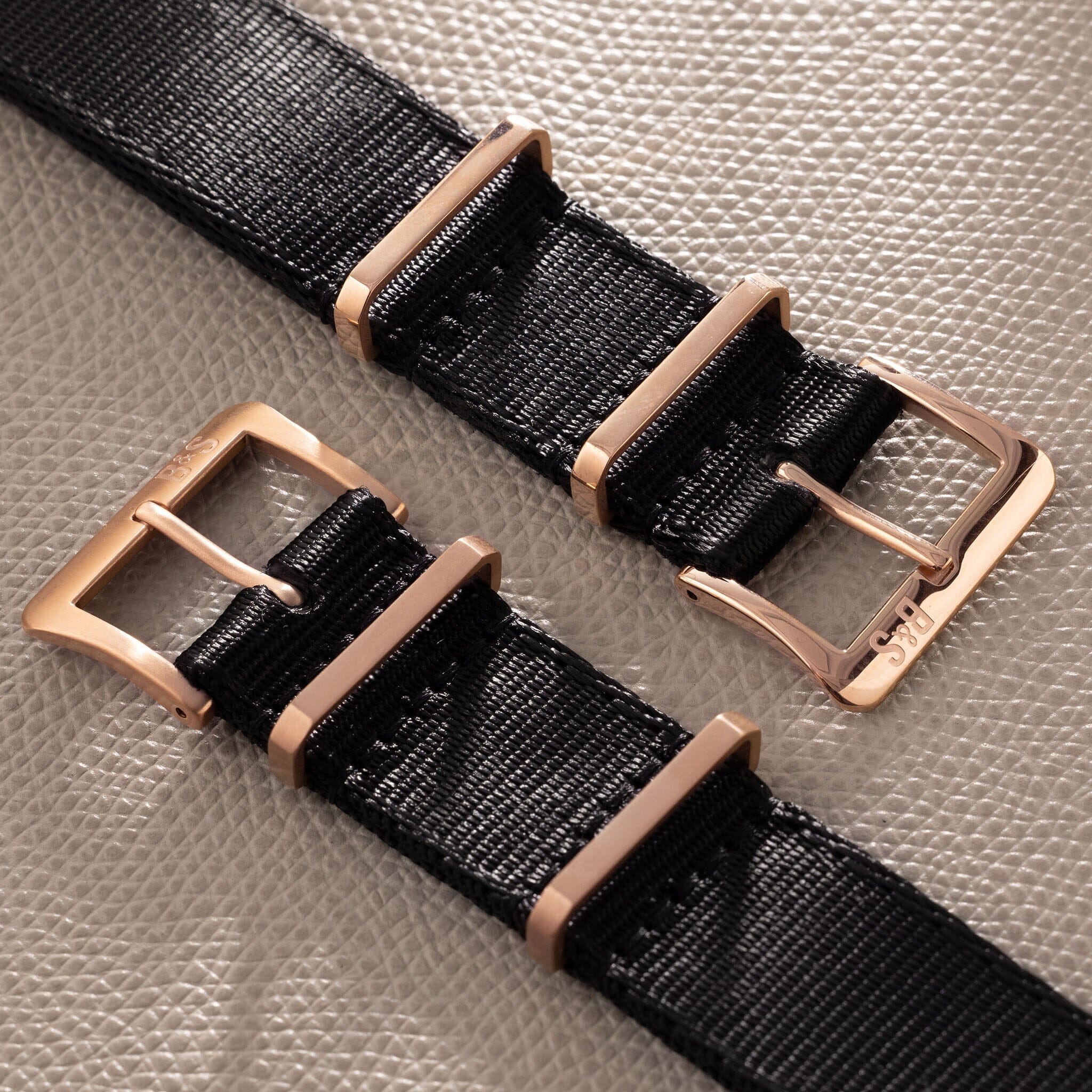 Deluxe Nylon Single Pass Watch Strap Pure Black - Rose Gold Brushed