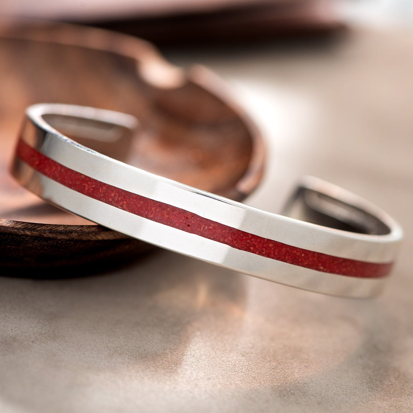 Navajo Red Coral Chip Inlay Silver Cuff