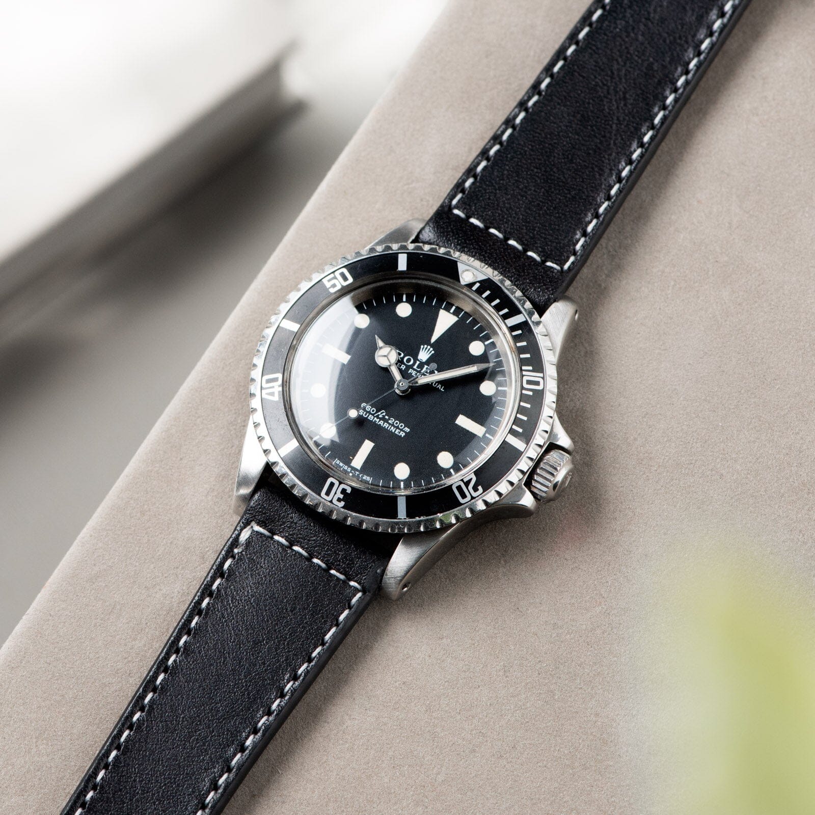 Black Boxed Stitch Leather Watch Strap