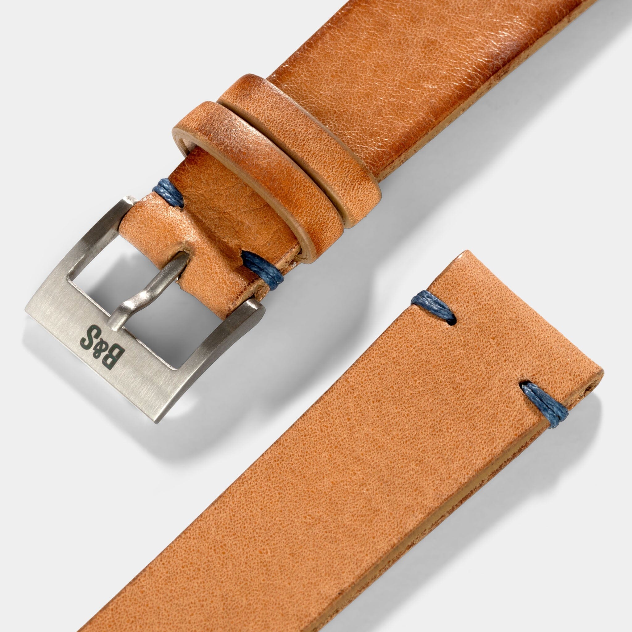 Caramel Brown Blue Stitch Leather Watch Strap