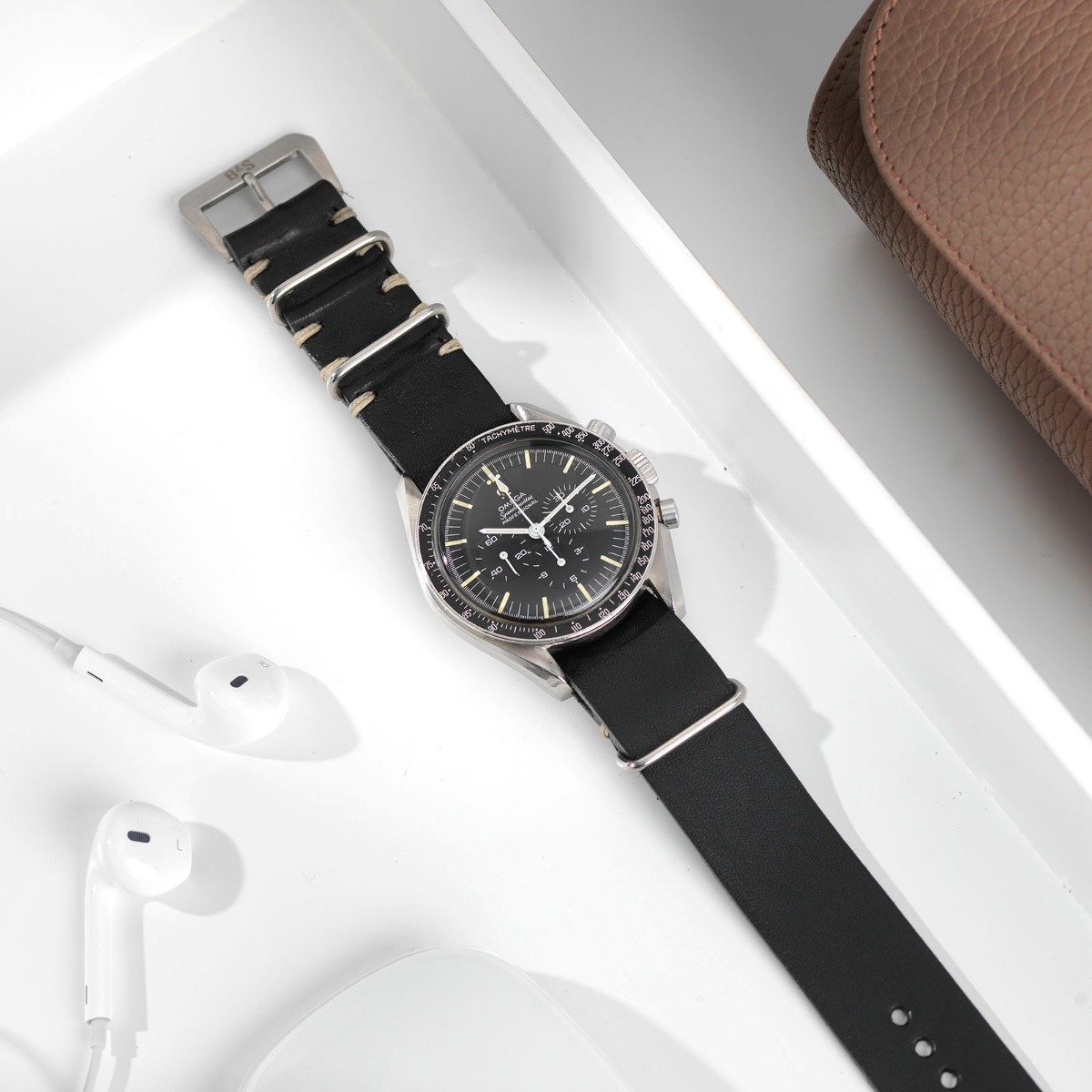 Omega Black Single Pass Leather Watch Strap